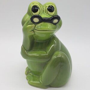 Noritake for Gift Craft MCM 1970s Ceramic Green Frog with Glasses Coin Bank